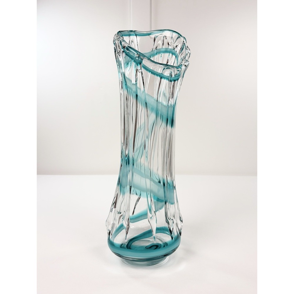 Vintage Murano Style 16" Art Glass Vase Teal Blue Ribbon Swirl Hand Blown Large